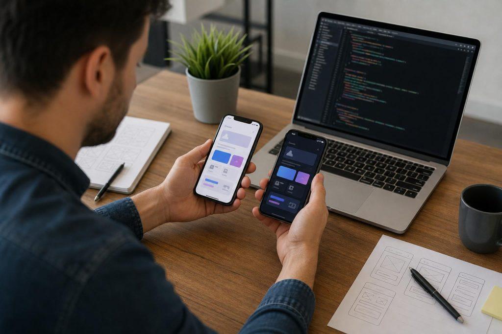 Developer comparing React Native and native mobile app interfaces